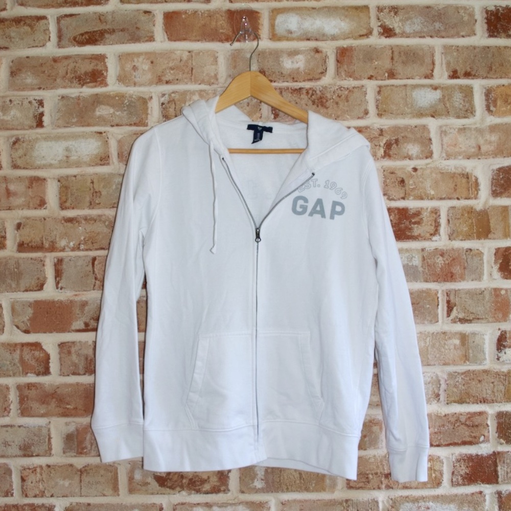 Gap women's white zip up hoodie with pockets and logo on back, size M